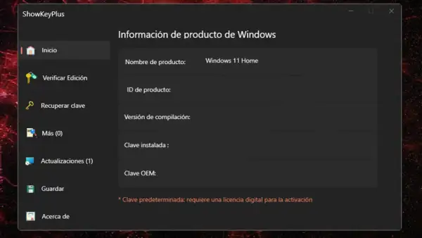 Ventana de ShowKeyPlus para ver licencia Windows 11 Home. Muestra información del producto, ID, versión y clave instalada.