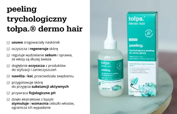 Peeling trychologiczny Tołpa dermo hair do skóry głowy przetłuszczającej się. Oczyszcza, regeneruje i reguluje sebum, zapewniając dłużej świeże włosy.