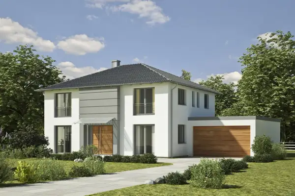 Modernes Haus mit Satteldach und Walmdach-Elementen, umgeben von grünen Bäumen und gepflegtem Garten.