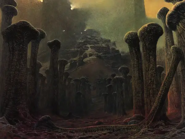 Mroczny, surrealistyczny krajobraz z grzybopodobnymi formacjami i schodkową górą w tle. To obraz końca świata, pełen niepokoju i tajemnicy.