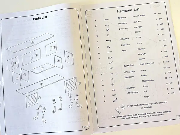 Diagrams and lists for furniture assembly instructions, showing parts and hardware needed.