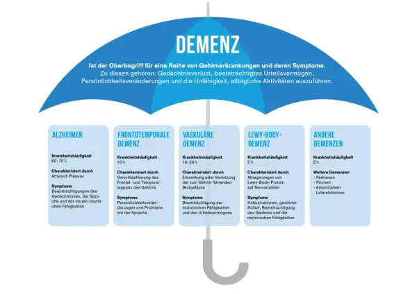 Übersicht über Demenzformen: Alzheimer (60-70% Häufigkeit) mit Amyloid-Plaques, beeinflusst Gedächtnis, Sprache, räumliche Fähigkeiten. Die Lebenserwartung bei Alzheimer variiert.
