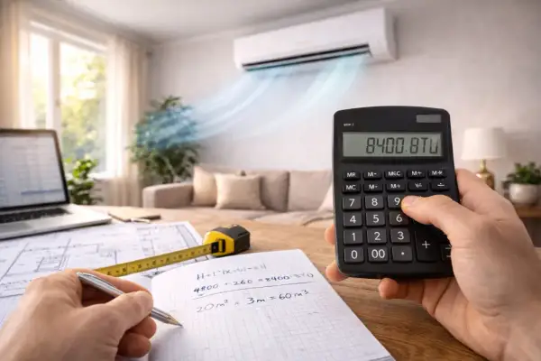 Calculateur affichant 8400 BTU, symbolisant le calcul de puissance climatisation. Plans, mètre et stylo sur la table.