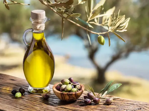 Caraffa di **olio di oliva** dorato accanto a una ciotola di olive fresche, sotto un ramo d'ulivo.