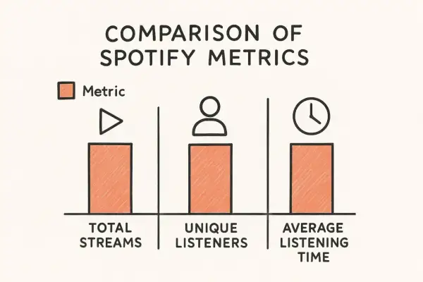 Comparison of Spotify metrics: total streams, unique listeners, and average listening time. This visual helps artists understand their Spotify artist analytics.
