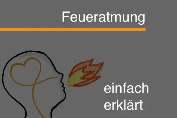 Profil einer Person, die Feuer speit. Ein Herz ist im Kopf angedeutet. "Feueratmung einfach erklärt" steht im Bild.