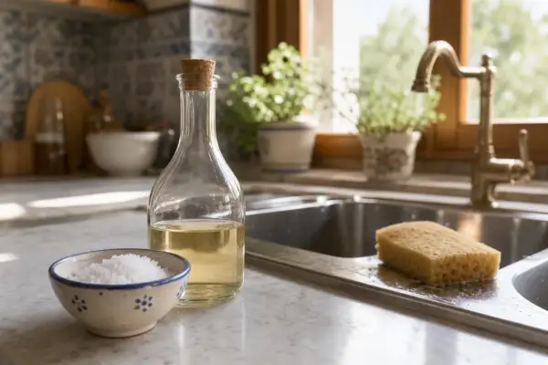 Acqua e aceto per muffa: una bottiglia di aceto, una ciotola di sale e una spugna vicino al lavello, pronti per pulire.