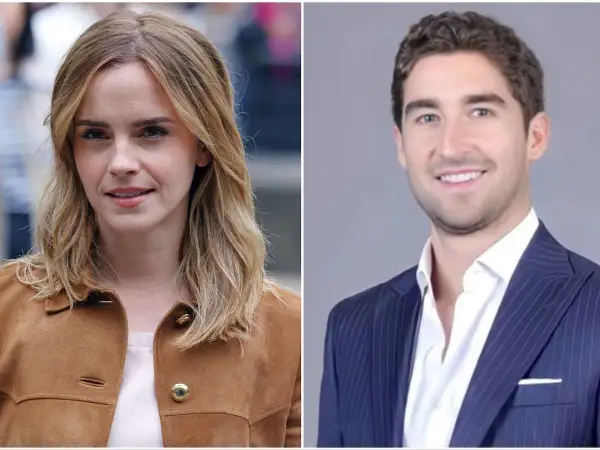Emma Watson y su pareja, Brandon Green, sonríen en esta imagen dividida.