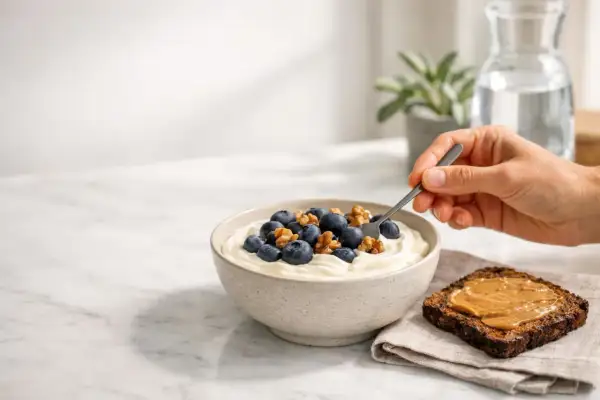 Una ciotola di yogurt con mirtilli e noci, perfetta per un'abbondante colazione proteica. Accanto, una fetta di pane integrale con burro d'arachidi.