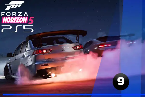 Dwa samochody ścigają się w nocy w Forza Horizon 5 na PlayStation 5, wydobywając kłęby różowego dymu.
