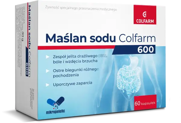 Maślan sodu Colfarm 600 na zespół jelita drażliwego, biegunki i zaparcia. Mikropeletki w kapsułkach.