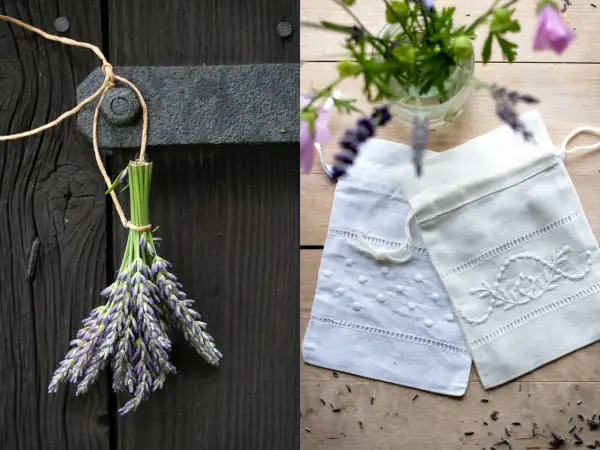 En bukett lavendel hänger på en gammal träport, redo för torka lavendel. Bredvid ligger två broderade påsar, perfekta för att förvara den torkade lavendeln.