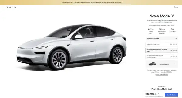 Biały Tesla Model Y, wersja Long Range z napędem na tylne koła, cena 219 990 zł. Dostępne też inne konfiguracje.