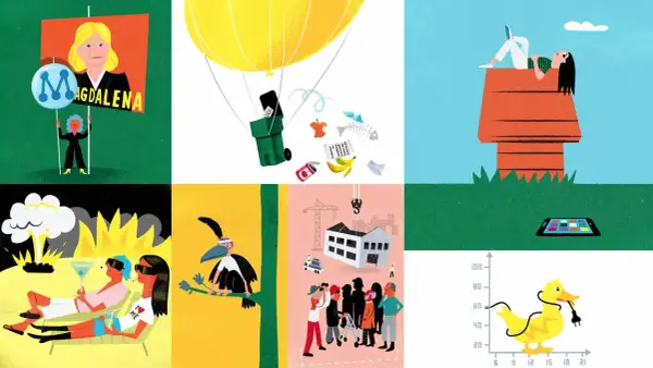 En illustration med flera scener: en politiker, en varmluftsballong med sopor, en person på ett hundhus, en explosion, en fågel och en byggarbetsplats. Allt för att visa hur vi kan prosper svenska.