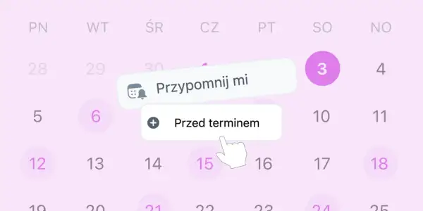 Kalendarz z opcją "Przypomnij mi" i wyborem "Przed terminem". Ta aplikacja pomoże Ci pamiętać o ważnych datach.