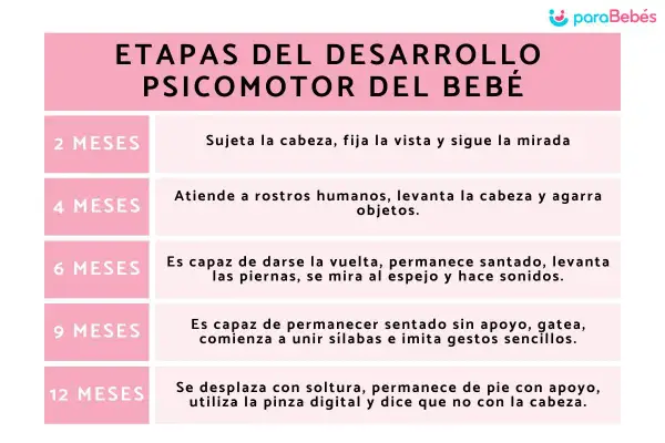 Tabla que detalla el desarrollo del bebé mes a mes, desde los 2 hasta los 12 meses, cubriendo hitos psicomotores.