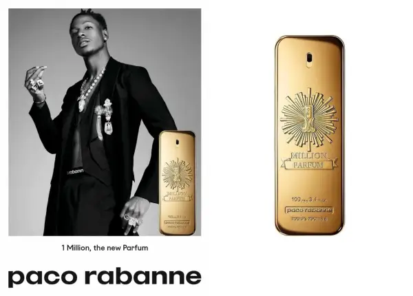 Elegancki mężczyzna w garniturze prezentuje flakon Paco Rabanne 1 Million Parfum, symbol luksusu i bogactwa.