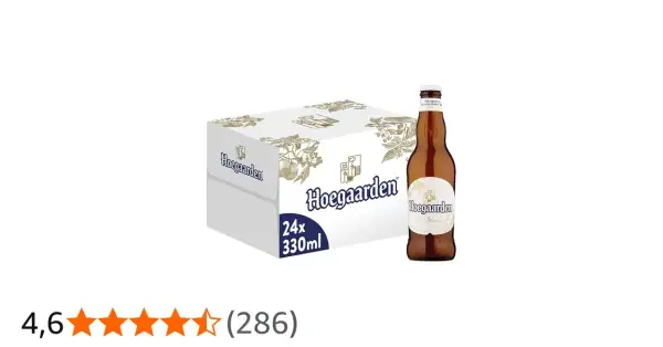 Scatola da 24 bottiglie di Hoegaarden Wit Blanche, con una singola bottiglia in primo piano. La birra ha 4,9% vol.