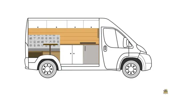 Diseño de camperizados de furgonetas: interior con armarios, cocina, nevera y mesa plegable con motivos de viaje.