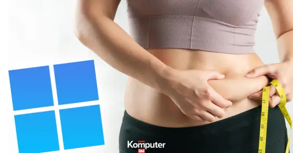 Osoba mierzy talię miarką, obok widoczne logo Windows. Czyżby nowy sposób na odchudzanie Windows 10?