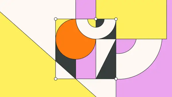 Abstract digital artwork featuring geometric shapes in pastel colors. An orange circle is partially enclosed by a square, with arcs and triangles completing the composition.