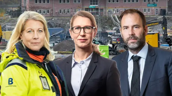Tre personer framför en byggarbetsplats. De arbetar för att återskapa tillit i byggbranschen.