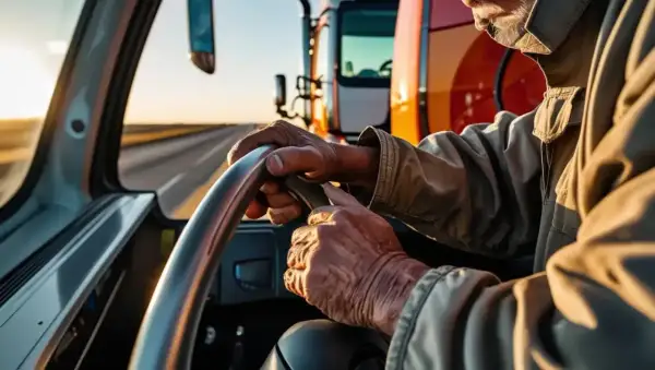 Manos curtidas al volante de un camión, con su carnet de conducir BTP a buen recaudo. El sol del atardecer ilumina la carretera.