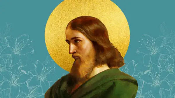 Portret mężczyzny z brodą i długimi włosami, otoczonego złotym nimbem. W tle stylizowane lilie. Może to być wizerunek pierwszej żony św. Józefa.