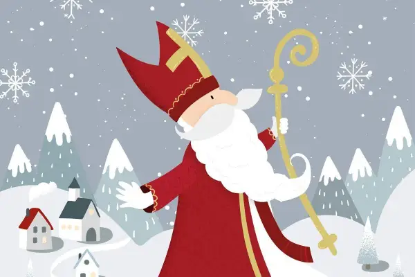 Nikolaus in der Schweiz, mit seinem Stab und Mitra, steht vor verschneiten Bergen und kleinen Häusern.