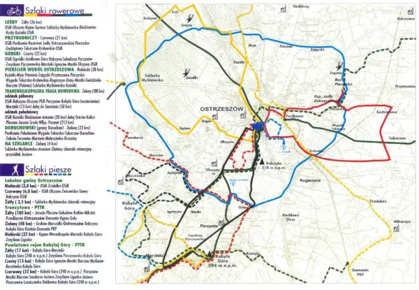 Mapa tras rowerowych Wielkopolski, z zaznaczonymi szlakami wokół Ostrzeszowa i Kobylej Góry.