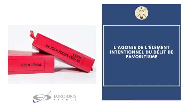 Deux codes rouges, "Code Pénal" et "Code de Procédure Pénale", symbolisent la loi. Le texte évoque le délit de favoritisme.