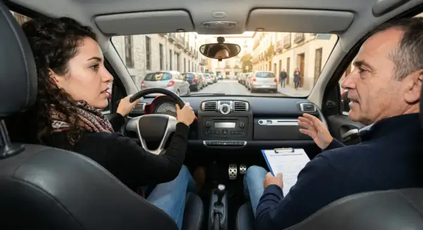 Instructor explica a alumna que se puede hacer prácticas de coche sin tener el teórico. Conduce por una calle de ciudad.