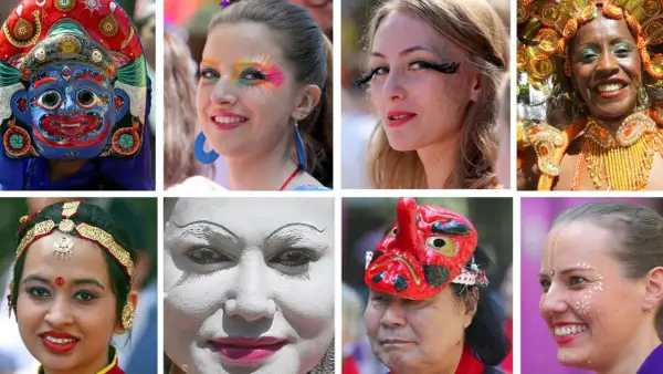 Gesichter mit bunter Schminke, Masken und traditionellen Kopfbedeckungen zeigen die kulturelle Vielfalt.