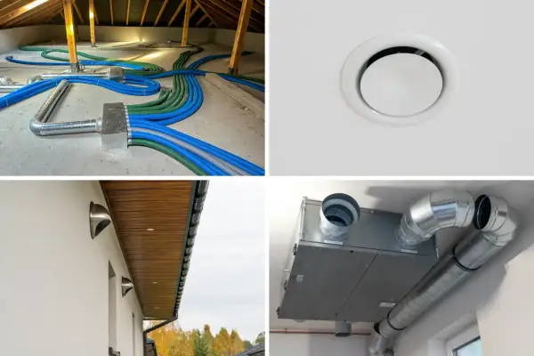 Instalacja rekuperacji w stropie: niebieskie i zielone przewody wentylacyjne, czerpnie i wyrzutnie ścienne, centrala wentylacyjna.