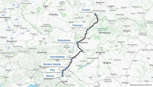 Trasa Polska-Chorwacja samochodem przez Czechy, Słowację, Węgry, Słowenię. Widoczne miasta: Cieszyn, Trenczyn, Bratysława, Szombathely, Murska Sobota, Ptuj, Macelj, Zagrzeb.