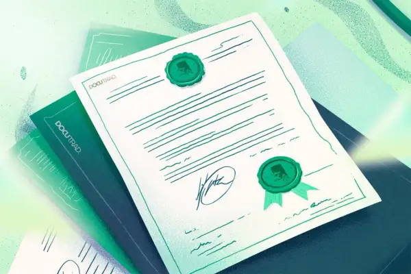 Illustration d'un document officiel avec sceaux verts, signature et lignes manuscrites.