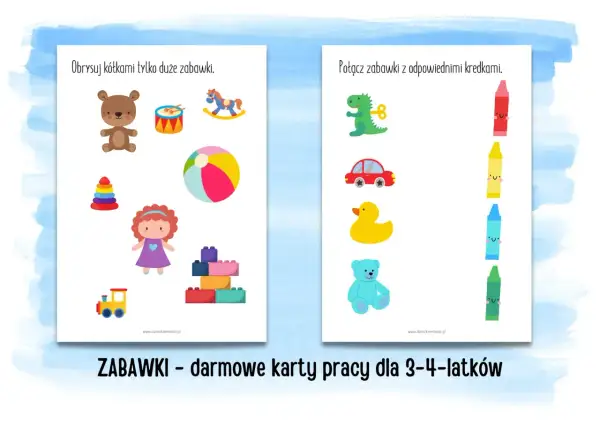 Zabawki - darmowe karty pracy dla 3-4-latków: obrysuj duże zabawki i połącz je z kredkami.