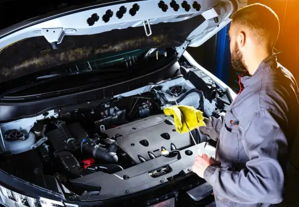 Mechanik sprawdza poziom oleju w silniku. Gdy przyjdzie czas na wymianę, dowiedz się, gdzie oddać zużyty olej silnikowy.