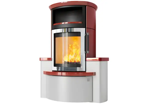 Moderner Kaminofen mit rotem Granit und Sichtfenster, der den HARK ECO PLUS ohne Filter betreiben lässt.