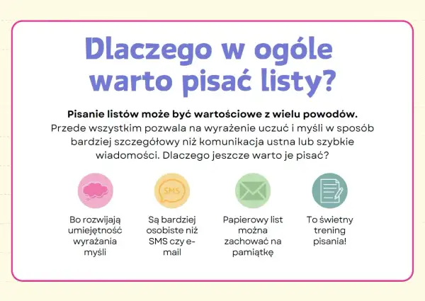 Dlaczego warto pisać listy? Bo rozwijają umiejętność wyrażania myśli, są osobiste, można je zachować na pamiątkę i to świetny trening pisania.