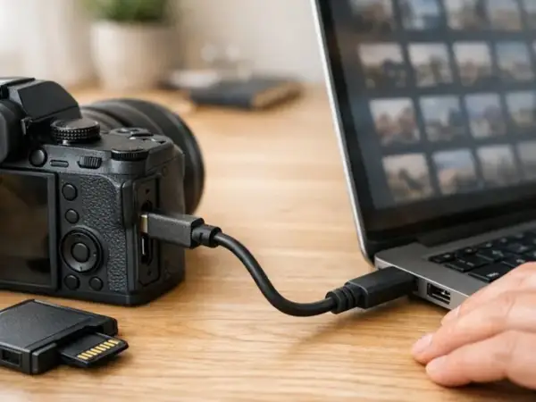 Kabel USB łączy aparat z laptopem, ułatwiając proces, jak zgrać zdjęcia z aparatu na komputer. Obok leży karta pamięci.