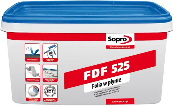 Sopro FDF 525 - folia w płynie, uszczelniająca masa przeciwwilgociowa. Wodoodporna, łatwa w aplikacji, szybkoschnąca izolacja w płynie.