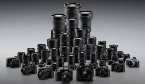 Duży wybór obiektywów Nikon, od szerokokątnych po teleobiektywy, prezentuje różnorodność tego rodzaju obiektywu.