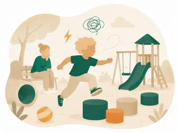 En energisk 4-åring med adhd hoppar över hinder på lekplatsen, medan en vuxen sitter fundersamt på en bänk.