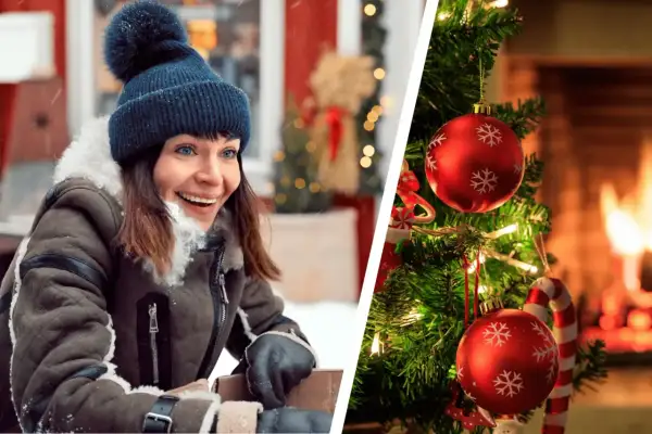 Glad kvinna i vinterkläder och julgranspynt. Perfekt för svenska julfilmer!