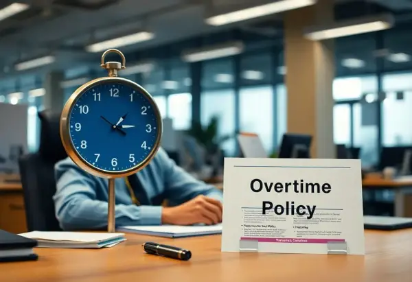 Zegar biurowy i dokument "Overtime Policy" sugerują pytanie: czy pracodawca może zmusić do nadgodzin? Czas nagli, a zasady niejasne.