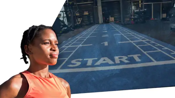 Femme déterminée prête à reprendre le sport, sur une piste bleue marquée "START".