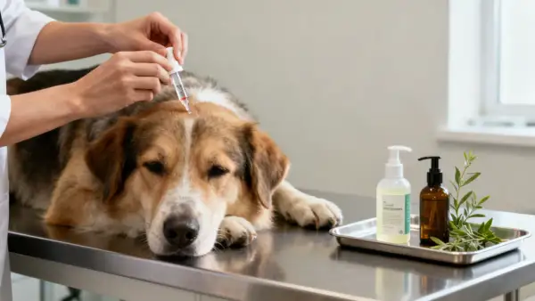 Veterinario aplica tratamiento en la cabeza de un perro para combatir piojos de perros.