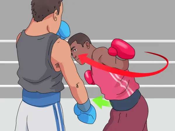 Illustration showing how to throw a hook in boxing. A boxer in a pink shirt throws a punch, indicated by a red arrow, towards an opponent.