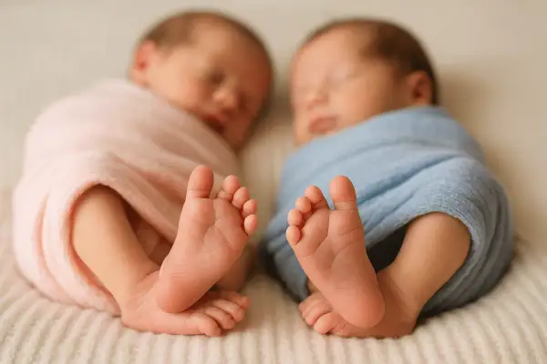 Deux adorables nouveau-nés endormis, l'un emmailloté dans du rose, l'autre dans du bleu. Leurs petits pieds, comme des prénoms en U, pointent vers l'avant.